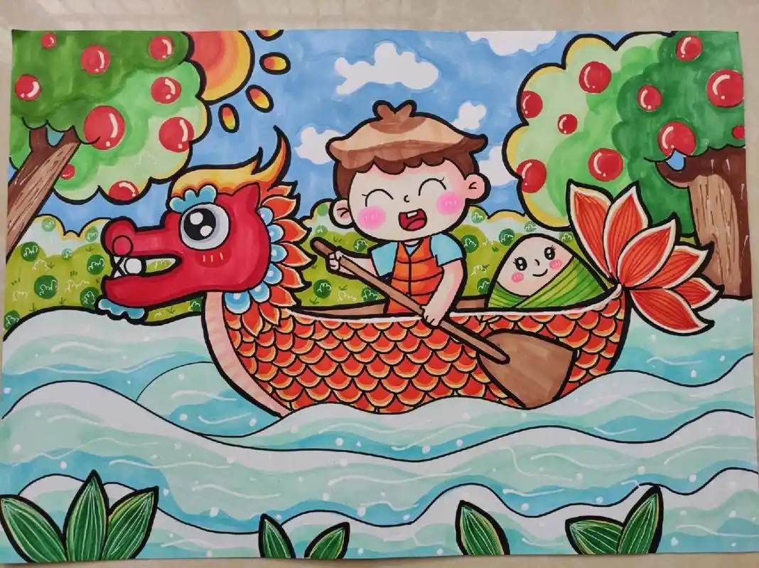 端午节赛龙舟(附线稿) 临摹           纸:a3白卡纸 马克笔:多乐绘