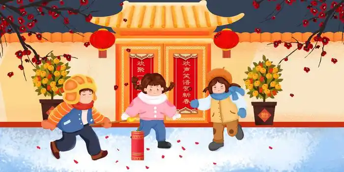 创意新年孩子点鞭炮手绘插画