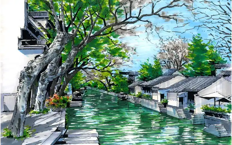 无法拒绝的古镇建筑景观,马克笔手绘风景写生