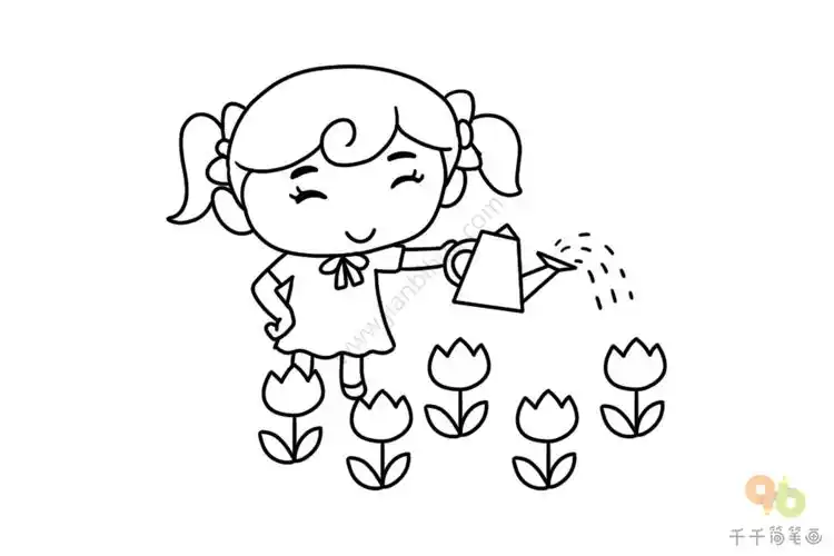 浇花的小女孩简笔画