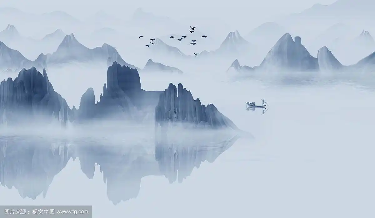 手绘蓝色意境淡雅中式山水画