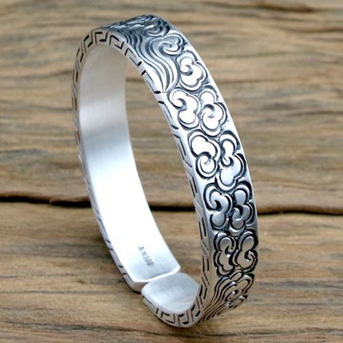 银手镯999纯银祥云纹纯手工足银古法复古男女情侣雕花银手环定做