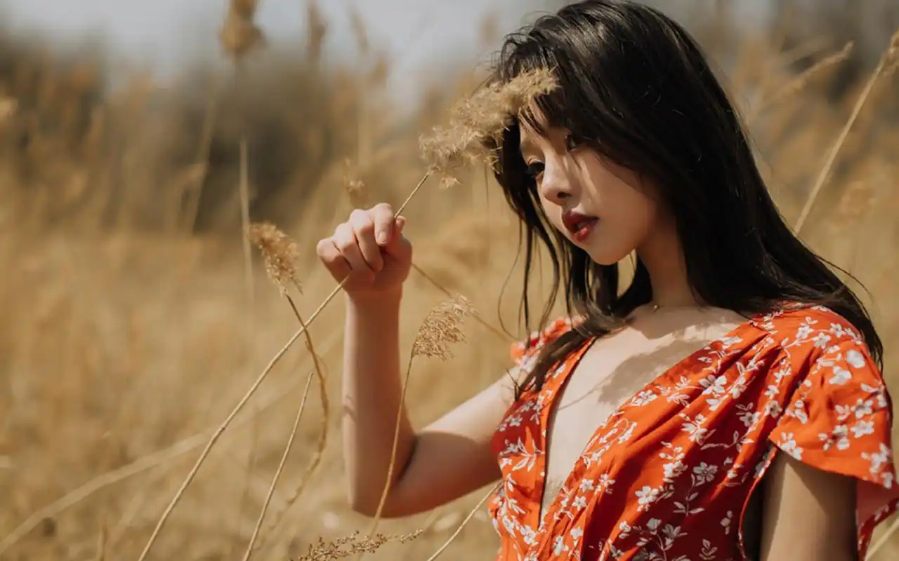 性感深v长裙美女野外写真高清壁纸