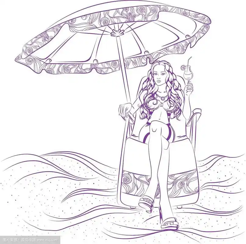 躺在沙滩躺椅上喝着鸡尾酒的女孩