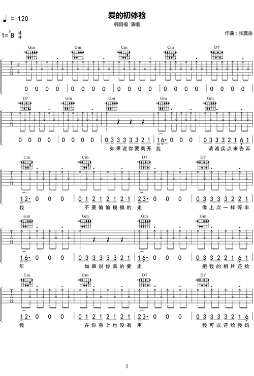韩昌福张震岳爱的初体验吉他谱bb转g调吉他弹唱谱