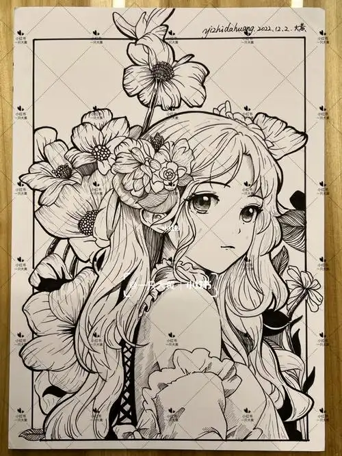 动漫  #绘画  #手绘  #向前看  #线描  #黑白动漫  #少女与花