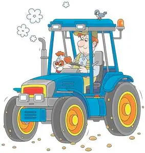 微笑的工人驾驶他的轮式拖拉机, 矢量插图的卡通风格照片