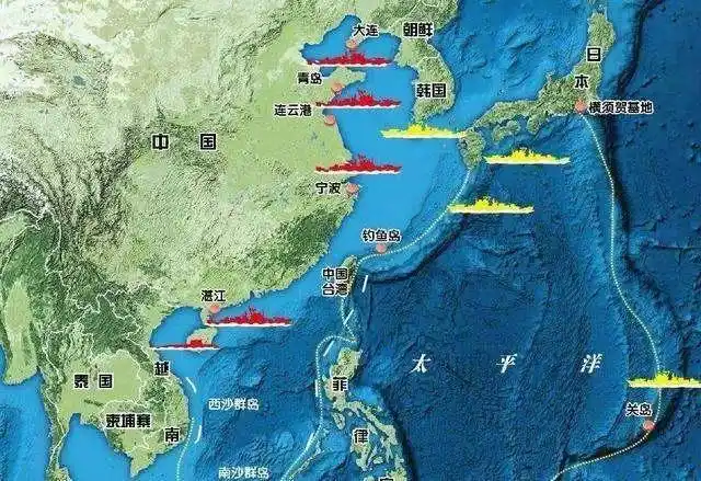 左边第一条虚线即是第一岛链(包含中国台湾)