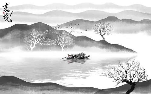 壁画黑白意境山水