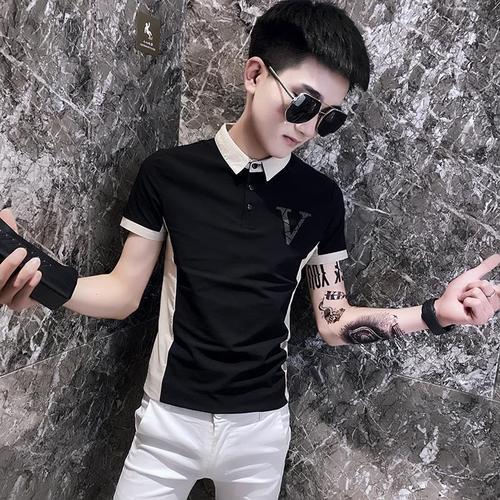 网红男士polo衫拼接翻领t恤男修身夏季新款社会精神小伙痞帅上衣