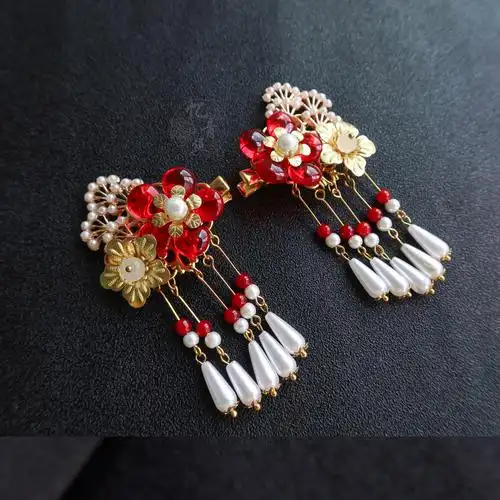 青丝原创汉服头饰超仙流苏发夹新娘红色古风发饰