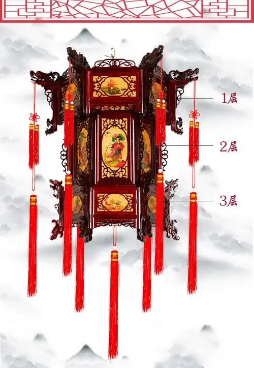 2022新年吊灯中式木质宫灯仿古六角大红乔迁中式古典木质阳台35二层