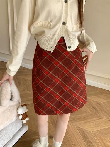 美式红色格纹学生短裙胖m小个子中裙羊毛呢半身裙女a字裙秋冬新款