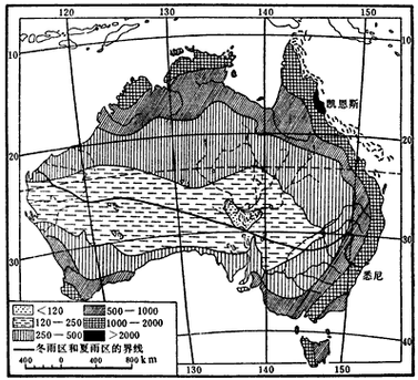 材料一: 澳大利亚降水量分布图