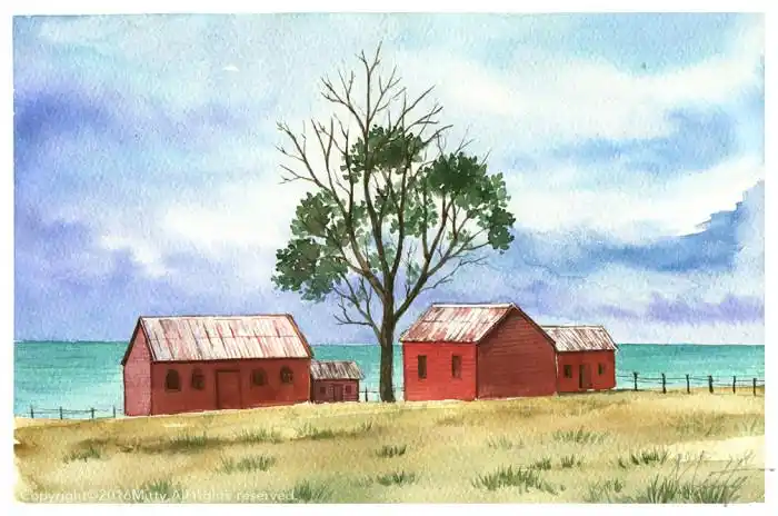 风景,手绘,绘画,水彩,艺术海边美景,使用的是透明水彩,利用干画的手