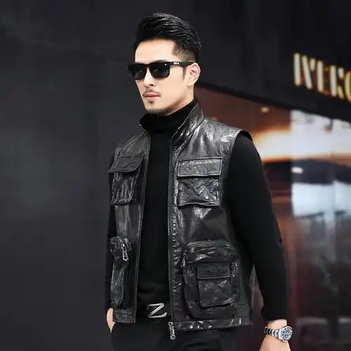 mg2021油蜡头牛皮马甲男工工装潮流立领修身短款皮衣