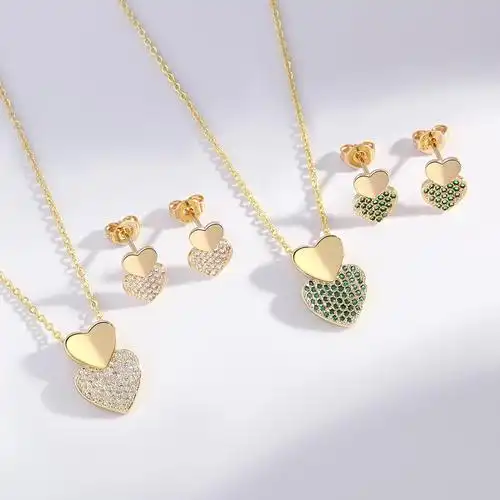 韩版小清新甜美心形项链套装光面爱心耳钉锆石轻奢桃心小众饰品女