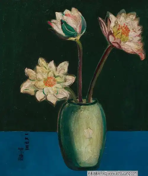 关紫兰静物油画作品《睡莲》赏析-名画油画网