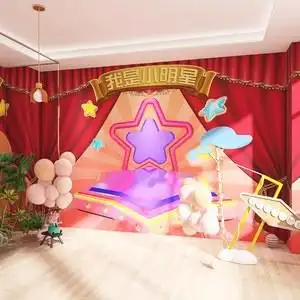 3d立体舞台背景墙纸星星幕布幼儿园表演早教班培训机构装饰壁纸