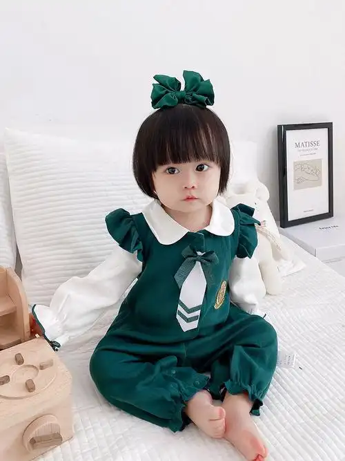 网红婴儿连体衣春秋装可爱女宝宝飞袖哈衣学院风公主洋气爬服红色花边