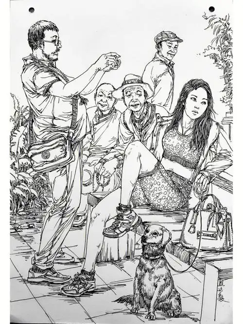 线性钢笔场景速写美女给大爷笑一个