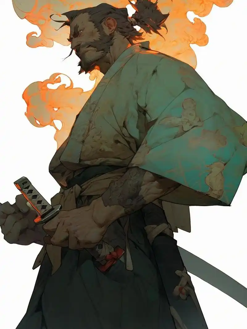 【aigc】midjourney 鬼武士 关键词:极端的长镜头,武士有强壮的手臂和