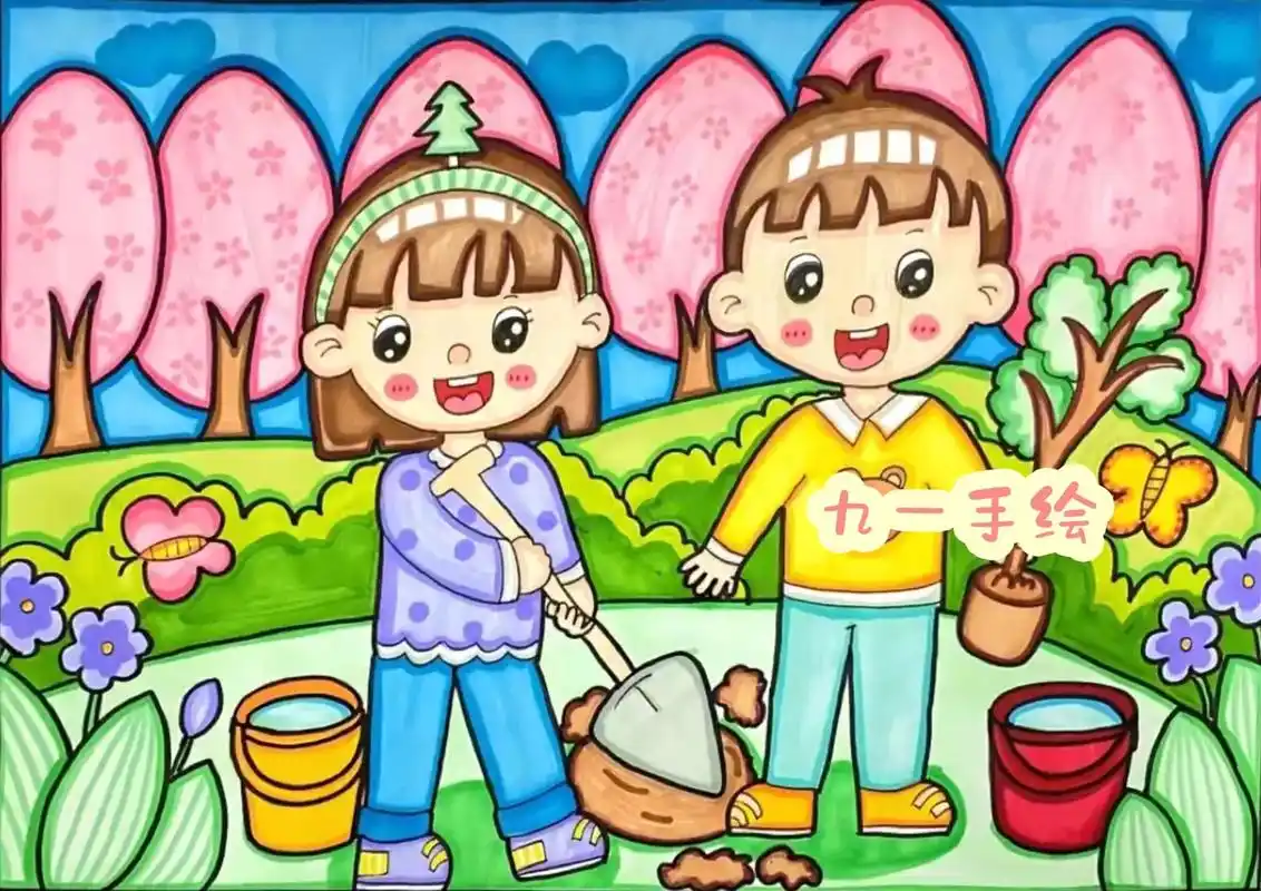 春天主题植树节种树绘画儿童画马克笔画画打印黑白线稿涂色a4, - 抖音