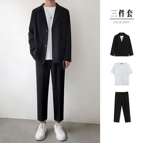 韩版潮流男士垂感直筒西裤搭配一套装男 (三件套) 西装 西裤 白t恤 s