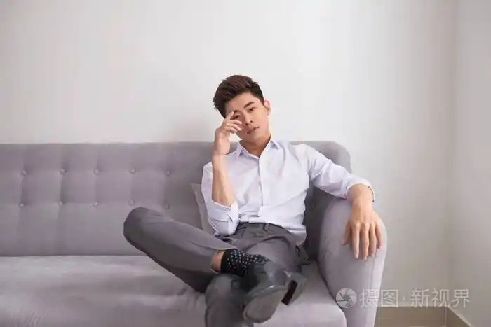 快乐英俊的亚洲男人在家里的沙发上放松客厅