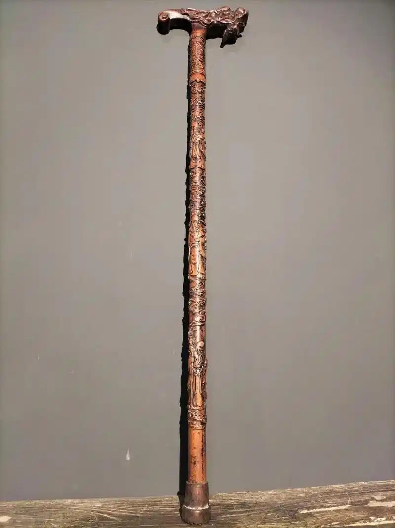 桃木拐杖老桃木纯手工雕刻福禄寿三星祥云龙头拐杖