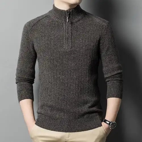 男士100%纯山羊绒秋冬中老年针织打底衫加厚半高领拉链毛衣山羊绒不