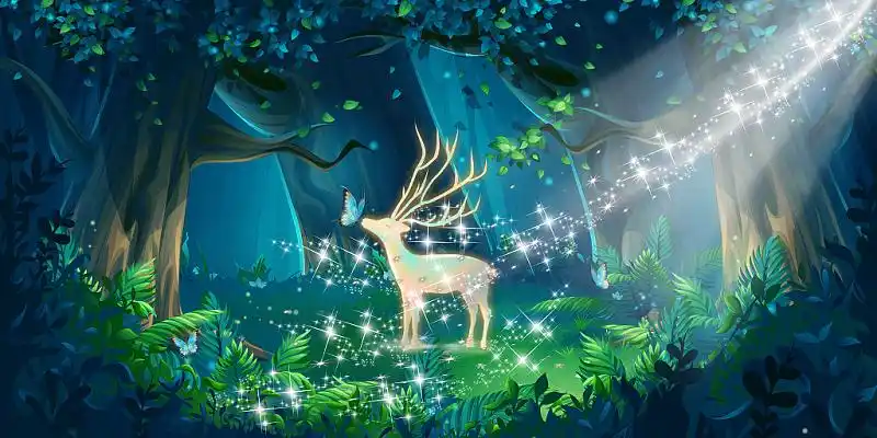 鹿森林星星点点梦幻森林背景梦幻森林背景情侣牵手向远方走去唯美浪漫