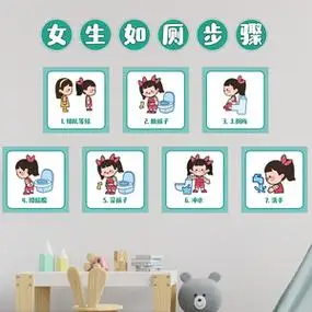 幼儿园如厕步骤卡通图男生女孩上厕所流程图防水墙贴大小便示意图