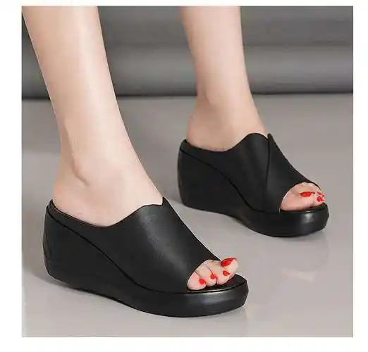 拖鞋女厚底夏季新款鱼嘴女坡高跟一字凉拖鞋外出穿