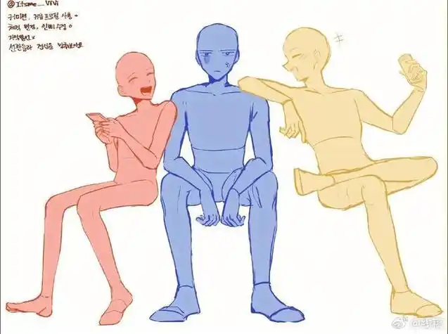 三人互动线稿模板绘画素材  #最近画了什么##板绘#线稿超话