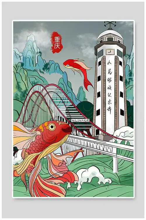 朝天门长江大桥解放碑重庆城市地标建筑插画