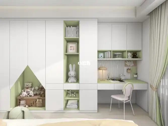 小清新儿童房书桌衣柜设计
