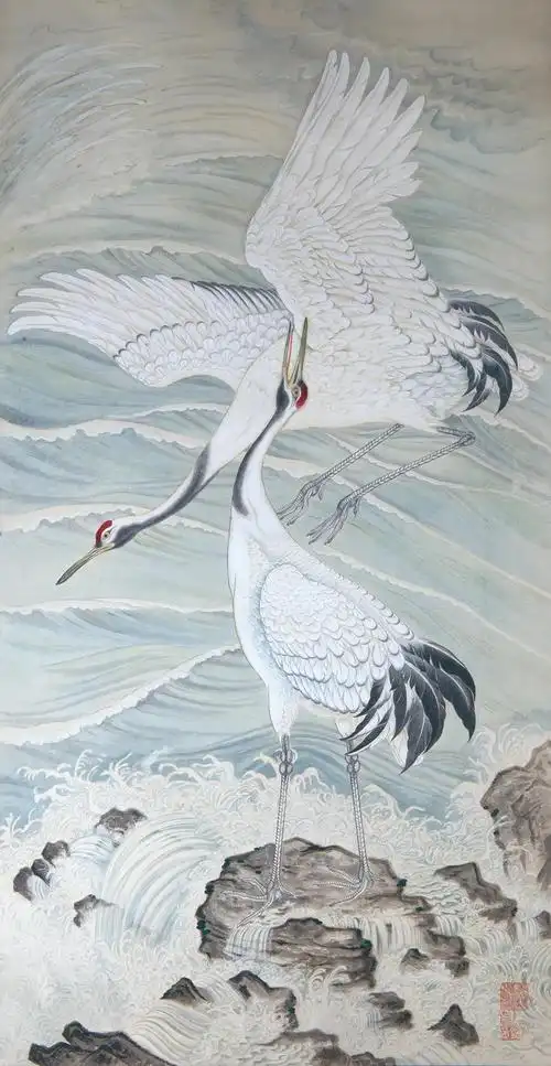 郑锦《海水双鹤图》