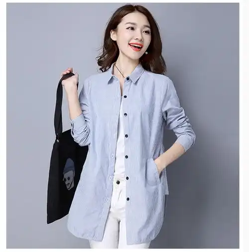 衬衫女长袖中长款宽松休闲2019春装新款韩版棉布条纹衬衣春季上衣