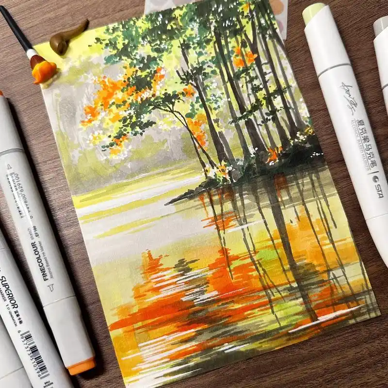 马克笔 | 夕阳秘境99.好几天没有画风景啦, 赶紧练习一下 - 抖音