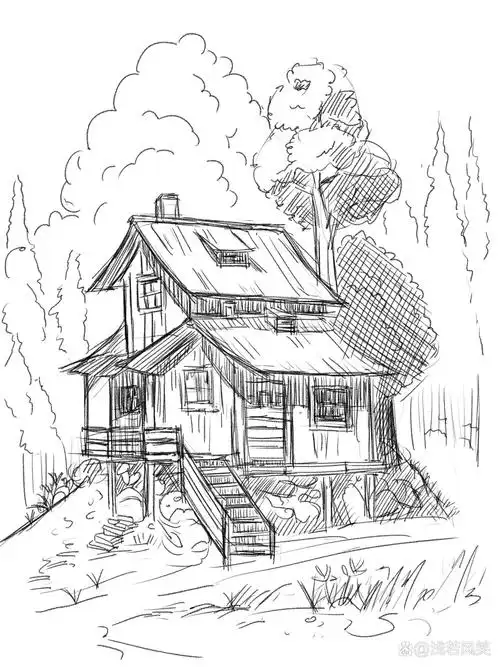 手绘小木屋 好久没画了,试着画一幅