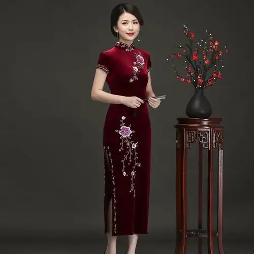 老上海丝绒旗袍连衣裙中长款修身女 2018新款春秋款长袖改良婚宴