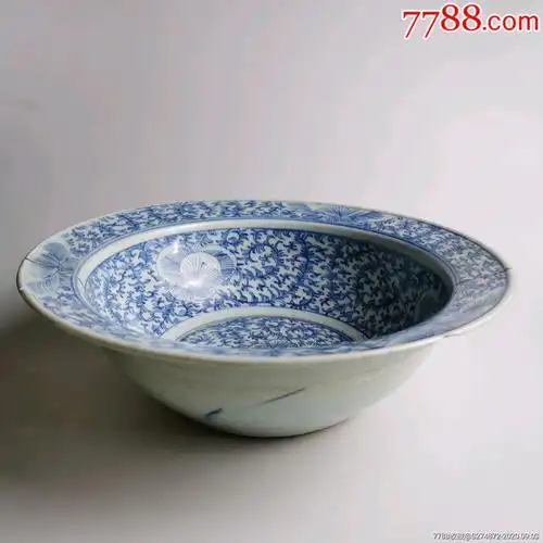 清代青花缠枝莲纹洗手盆青花洗脸盆古玩老瓷器瓷盆民俗旧物收藏品