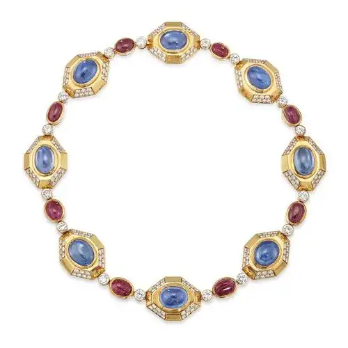 bvlgari 宝格丽 彩色宝石项链 镶嵌椭圆形弧面切割红宝石和蓝宝石