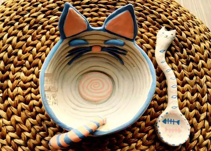 陶艺手工diy原创"猫碗"