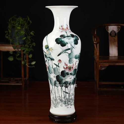 高档景德镇陶瓷器大号落地花瓶客厅摆件大码手绘荷莲花青花瓷年年