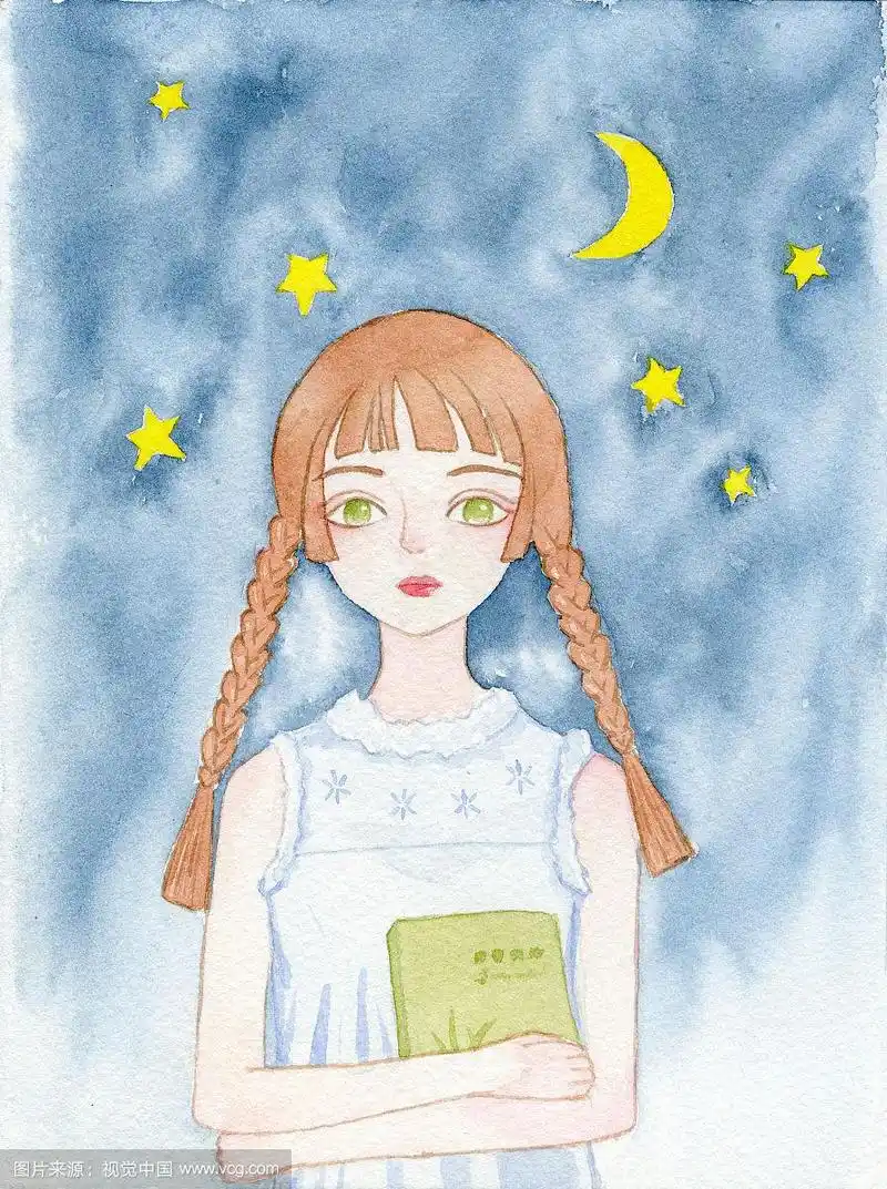 星空背景下抱着书的文艺少女 水彩手绘插画