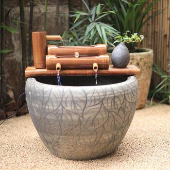 陶瓷鱼缸流水竹子循环水摆件竹筒流水器石槽过滤器办公室流水 竹排长