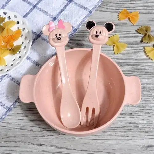 小麦秸秆婴儿童餐具小孩宝宝碗勺防摔卡通可爱家用隔热双耳辅食碗