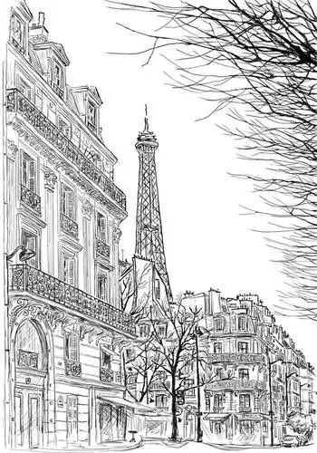 素描巴黎街道树埃菲尔铁塔背景